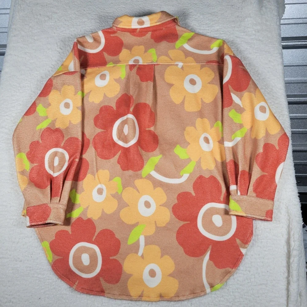 Davi & Dani Shacket Womens Large Tan Orange Floral‎ Button Up Elbow Patch Jacket